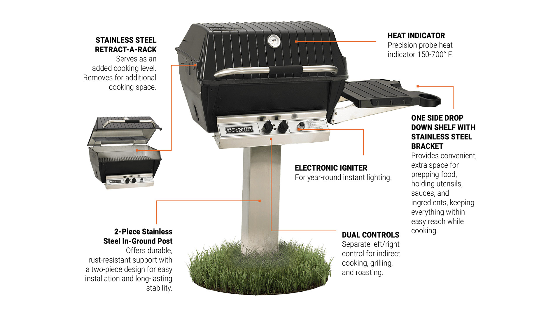 Broilmaster Premium P3X Series Gas Grill information. Stainless Steel Retract-A-Rack, 2-Piece Stainless Steel In-ground Post, Heat Indicator, One Side Drop Down Shelf With Stainless Steel Bracket, Electronic Igniter, Dual Controls