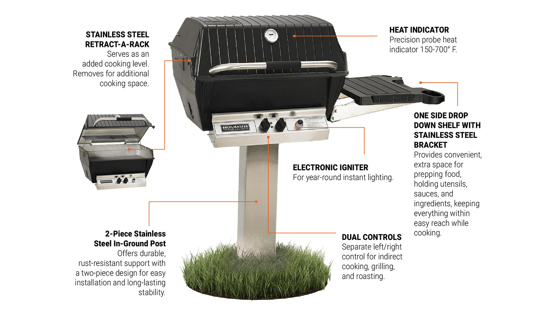 Broilmaster Premium P3XF Series Gas Grill information. Stainless Steel Retract-A-Rack, 2-Piece Stainless Steel In-ground Post, Heat Indicator, One Side Drop Down Shelf With Stainless Steel Bracket, Electronic Igniter, Dual Controls
