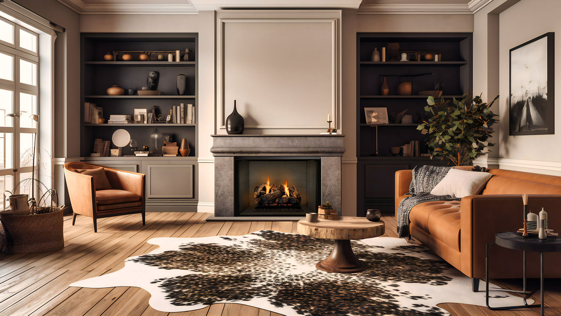 Living room with gas logs in fireplace