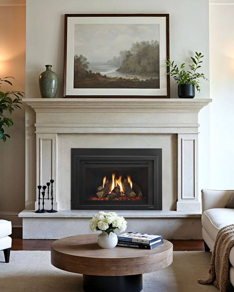 Fireplace in a cream living room, with a landscape painting propped above it.